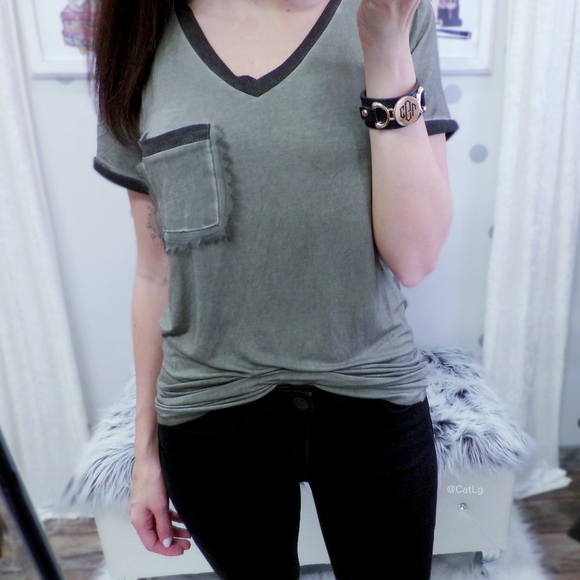 SALE Olive Pocket Tee Mineral Wash V-neck Top - Picture 2 of 5